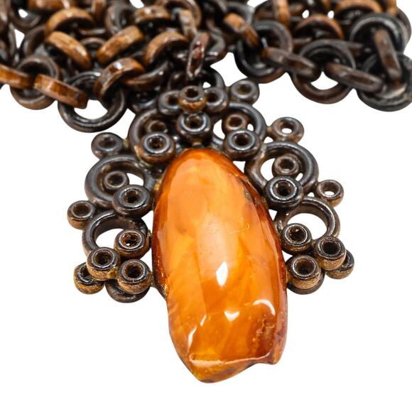 Large Vintage Victorian Revival Faux Tortoise Wooden Chain Amber Pendant 26” - Picture 4 of 8